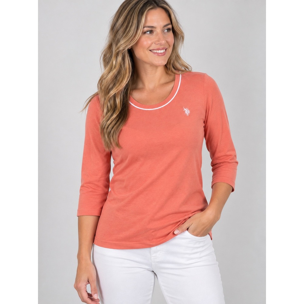 US Polo Assn Womens Coral Pink 3/4 Sleeve Cotton Scoop Neck Top Small Logo